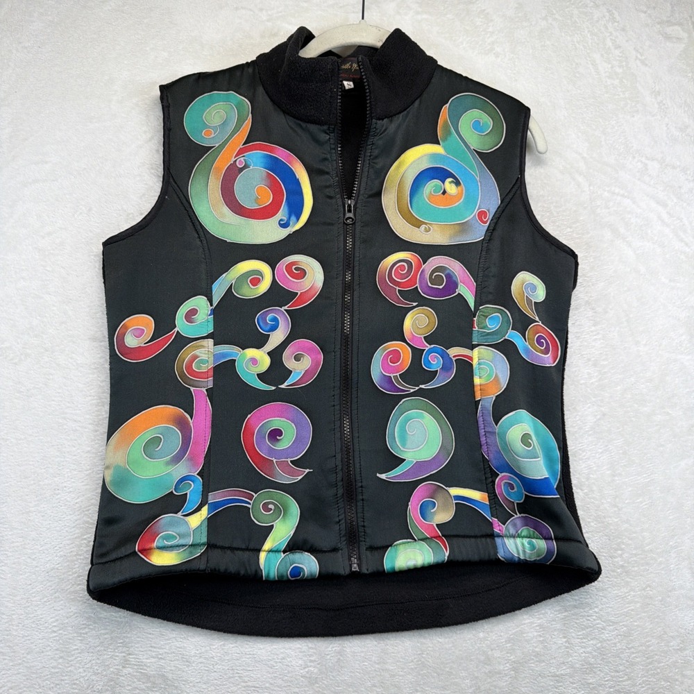 Vintage 90s Invisible World Silk Vest Womens S Swirl Wearable Art Black Fleece
